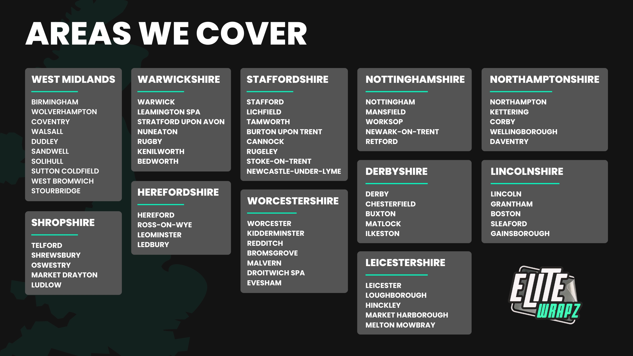 Areas We Serve - West Midlands, Warwickshire, Staffordshire, Worcestershire, Nottinghamshire, Northamptonshire, Shropshire, Herefordshire, Derbyshire, Leicestershire, Lincolnshire